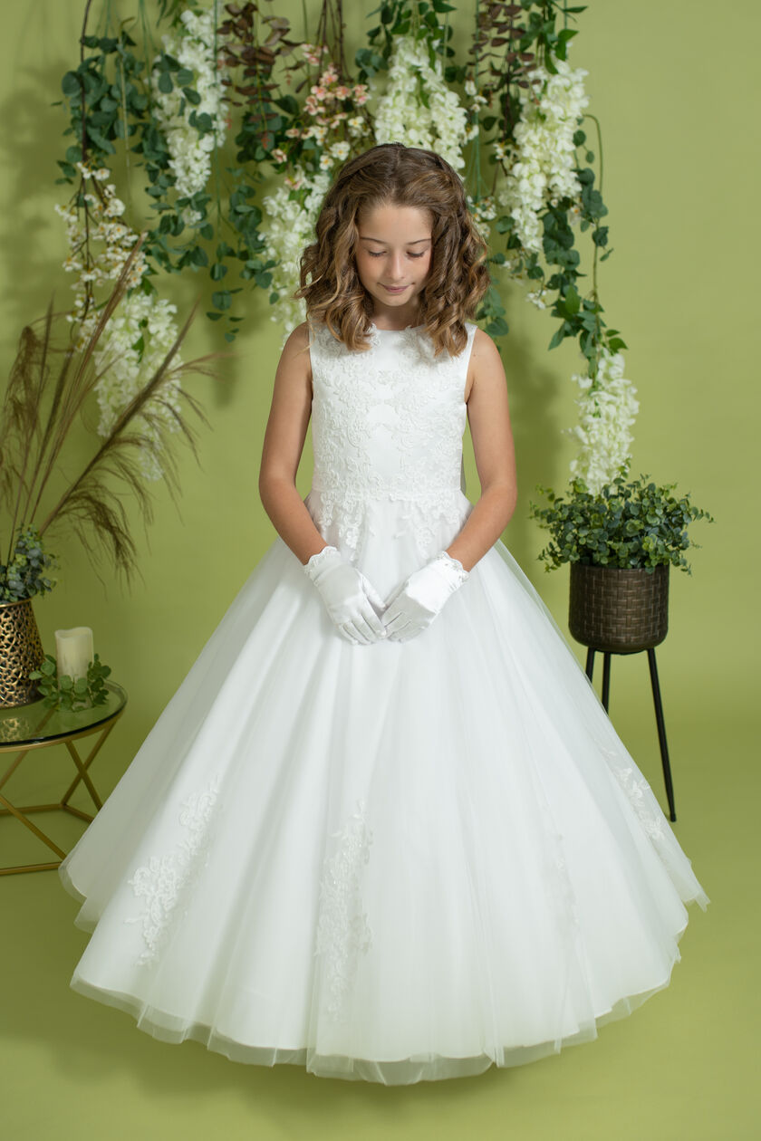 Embroidered Floral Communion Gown with Bow & Tails