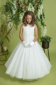 Embroidered Floral Communion Gown with Bow & Tails