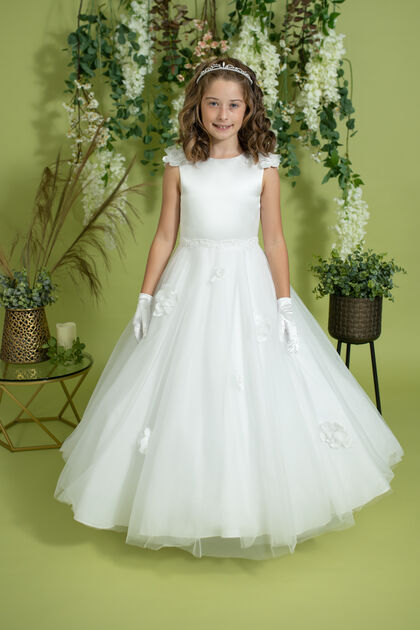 Floral Shoulder Communion Gown with Pearl Belt